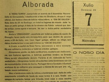 A Nosa Terra do 25 de xullo de 1920 convócase por vez primeira a celebración do dia de galicia.